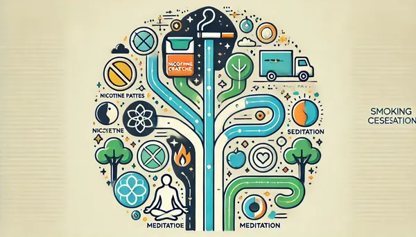 Verschiedene Methoden zur Rauchentwöhnung, mit Symbolen für Nikotinersatz, Verhaltenstherapie und Meditation