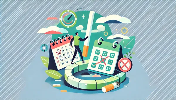 Ein strukturierter Plan zum Rauchstopp, mit einer Checkliste, einem Kalender und einer durchgestrichenen Zigarette