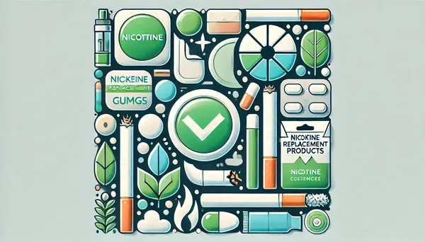 Überblick über Nikotinersatzprodukte, mit Pflastern, Kaugummi und Lutschtabletten neben einer zerbrochenen Zigarette