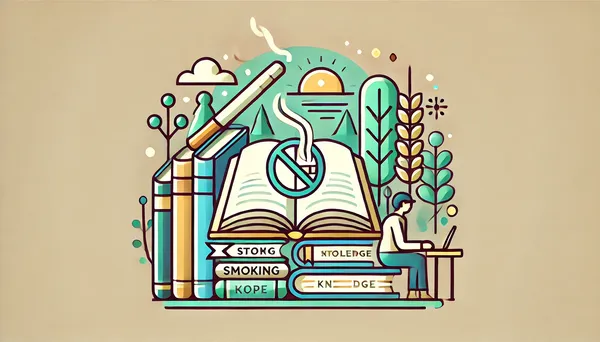 Bücher zur Rauchentwöhnung, mit einem aufgeschlagenen Buch, in dem eine durchgestrichene Zigarette zu sehen ist, und einer friedlichen Leseszene