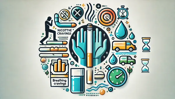 Umgang mit Nikotinverlangen, mit einer Person, die tief durchatmet, während eine Uhr das Vorübergehen des Verlangens symbolisiert