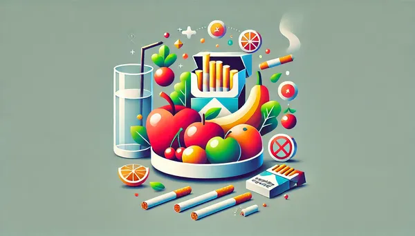 Gesunde Ernährung zur Unterstützung des Rauchstopps, mit einer Schale voller frischer Früchte, einem Wasserglas und einer zerbrochenen Zigarette