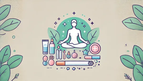 Selbstpflege während der Rauchentwöhnung, mit Wellness-Symbolen wie Meditation, Hautpflege und gesunder Ernährung