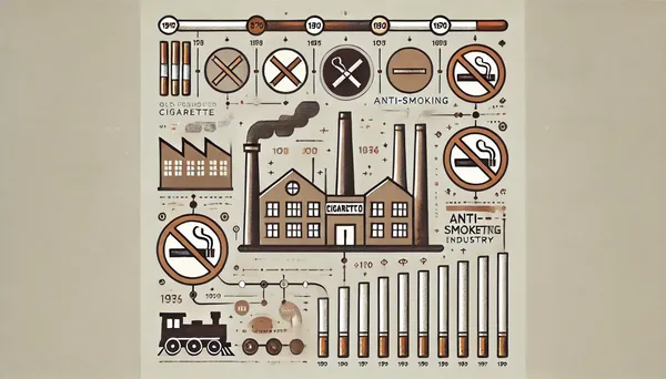 Die Geschichte der Tabakindustrie, mit einer alten Zigarettenfabrik, einem Zeitstrahl und modernen Anti-Raucher-Kampagnen