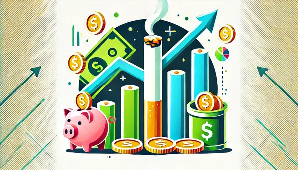 Finanzielle Einsparungen nach dem Rauchstopp, mit Münzstapeln, einer Sparbüchse und einer zerbrochenen Zigarette